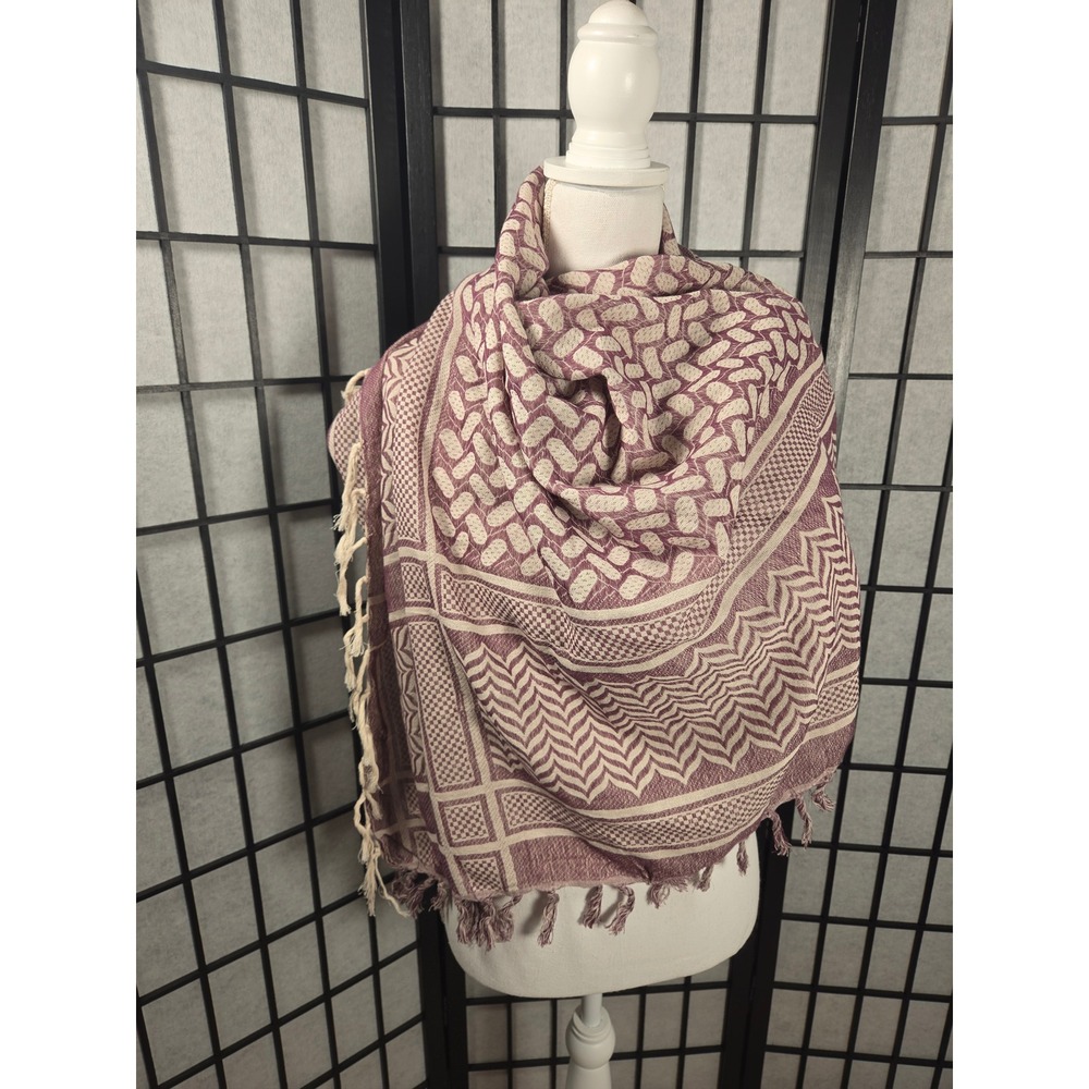 Look by M Cotton Keffiyeh Scarf Plum Purple Cream Geometric Fringe Tassel Wrap